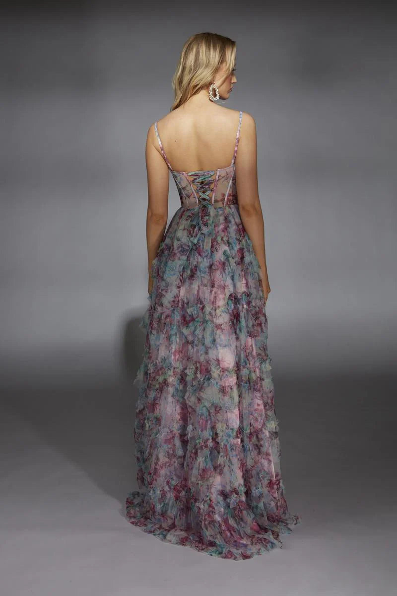 Robe Weitese à imprimé floral, bretelles spaghetti, col en V, robe de soirée, coupe trapèze/princesse, traîne courte